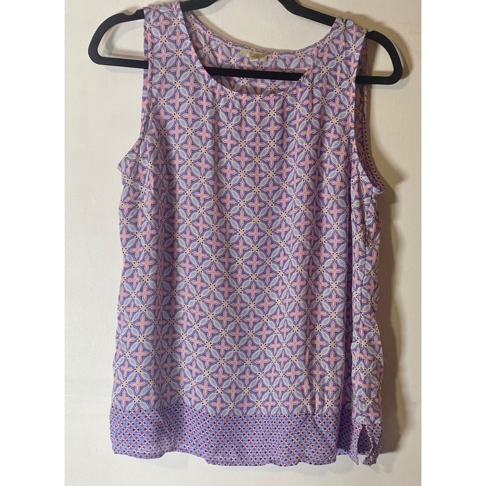 Talbots Medium Petite Medallion Tile Print Sleeveless Blouse Pink Blue‎ Preppy